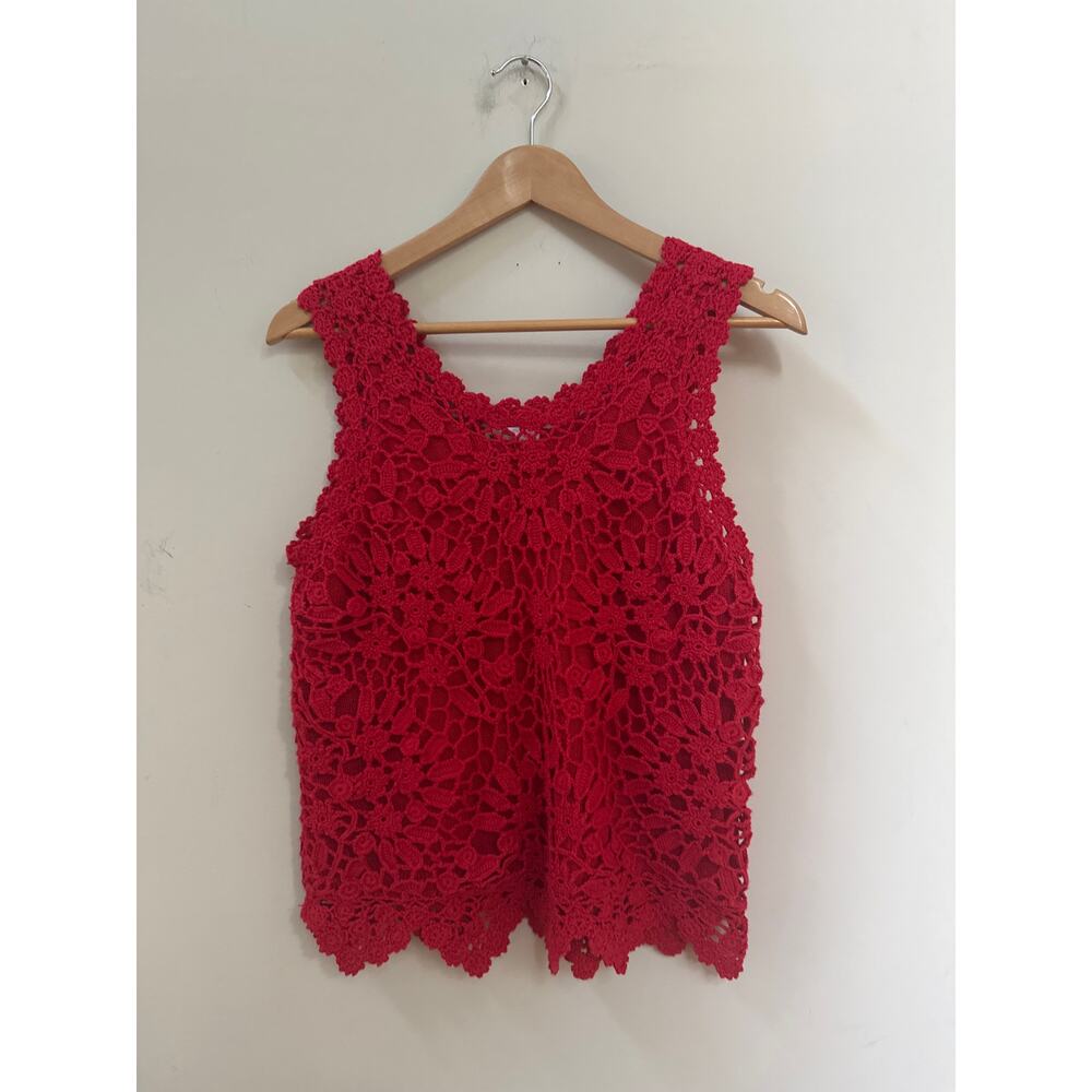 Weathervane Petites Vintage Crochet Sweater Tank Red Preppy Classic Festival